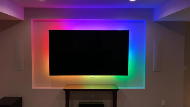 Rainbow lighting behind tv